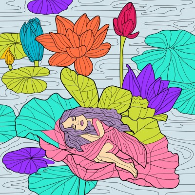 una chica durmiendo entre flores y agua  | Rosa | Digital Drawing | PENUP