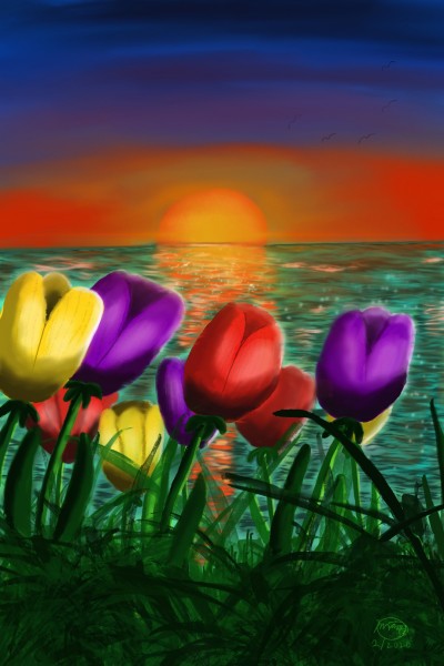 Tulips by the Sea at Sunset | Ria1 | Digital Drawing | PENUP